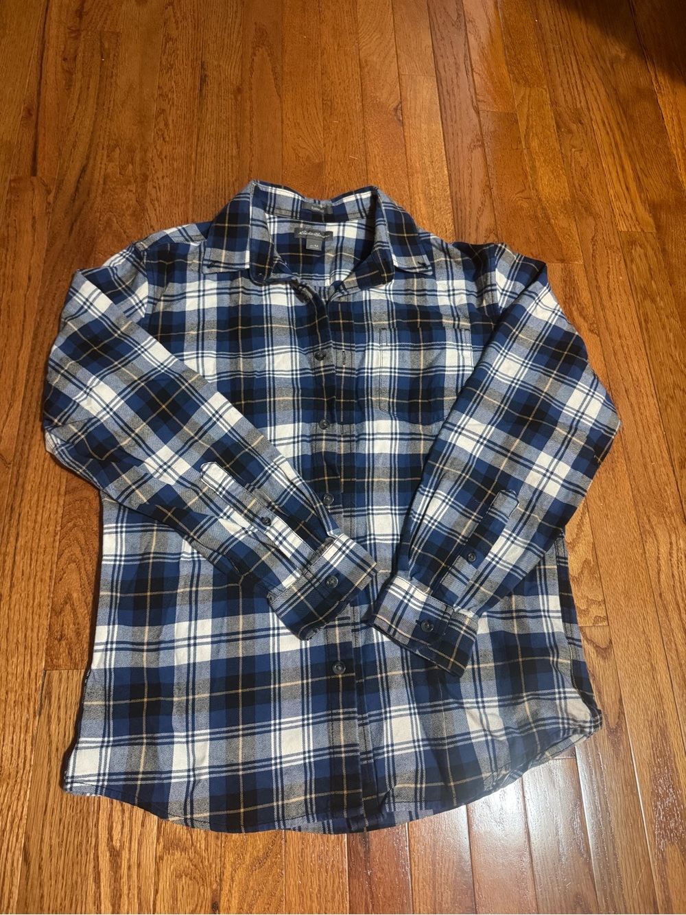 Eddie Bauer Navy and White Plaid Long-Sleeve Button-Down Shirt